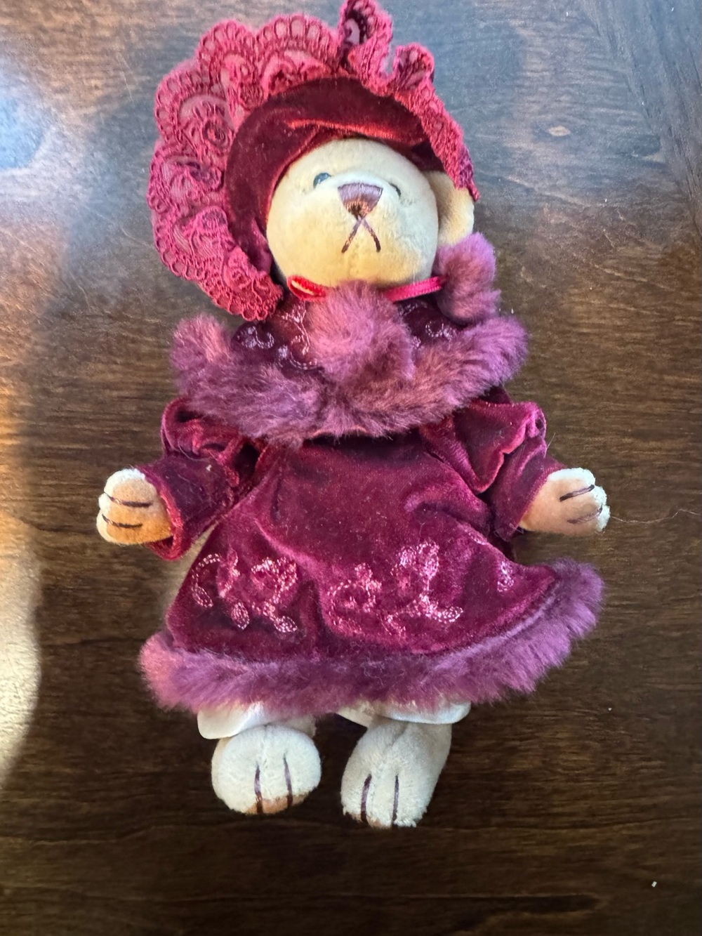 Plush Teddy in Rich Plum Velvet Dress with Lace Bonnet